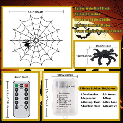 Halloween Decorations Spider Web Lights - 4FT Diameter 70 LEDs with Black Spider, Waterproof Net Lights, Remote Control, 8 Modes Cobweb Halloween Decorations for House Garden Indoor Outdoor (Orange)
