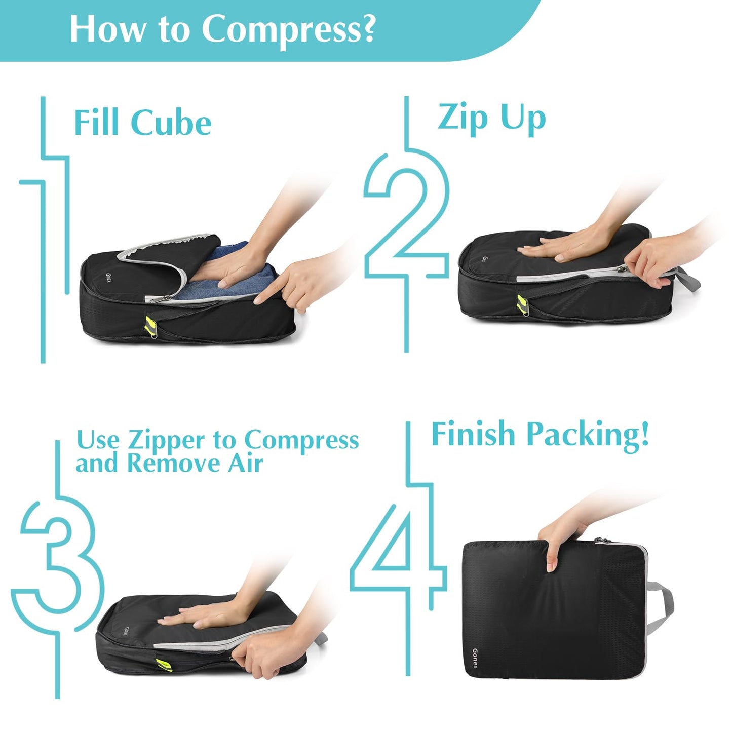 Gonex Compression Packing Cubes, 4pcs Expandable Storage Travel Luggage Bags Organizers(Black)