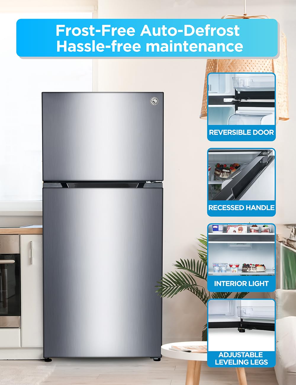 Commercial Cool 20 Cu. Ft. Top Mount Refrigerator with Ice Maker, 2-Door Refrigerator with Top Freezer,Freezer with Icemaker and Adjustable Temperature Control,Energy Star Certified, Stainless Look