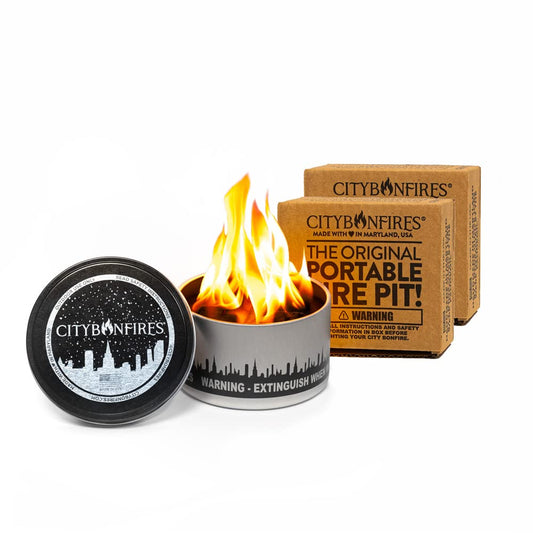 City Bonfires Portable Fire Pit - Mini Fire Pit, Table Top Firepit, No Wood, No Embers, 3-5 Hours of Burn Time - Food Safe for Smores - Lightweight, Emergency Heat, Camping Stove (2-Pack)