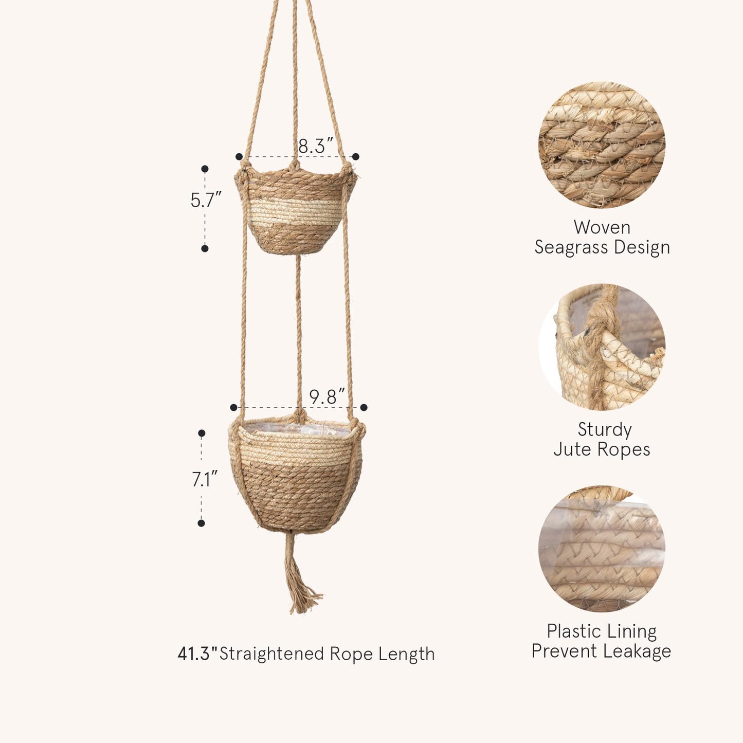 LA JOLIE MUSE Hanging Planter Basket Indoor Outdoor,Natural Seagrass Flower Plant Pots, Beige