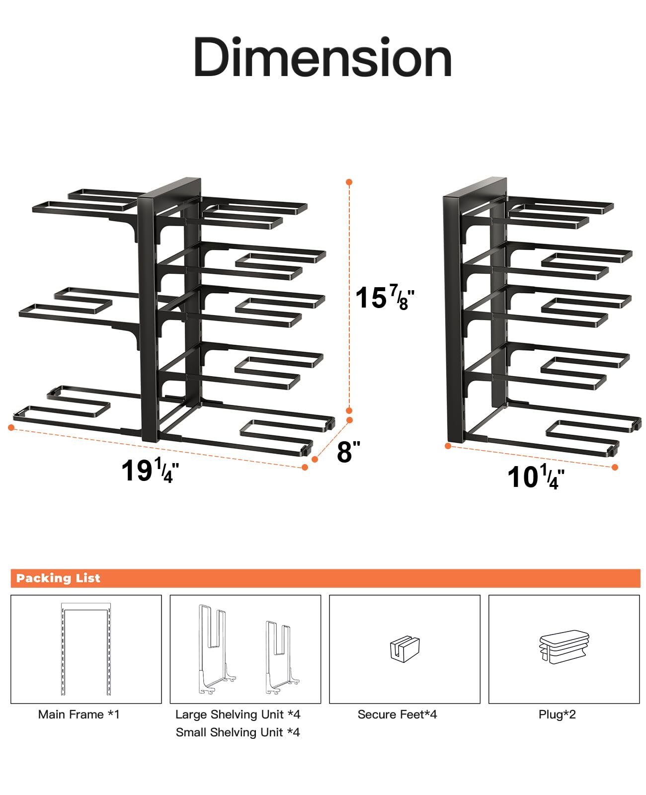 ORDORA Pots and Pans Organizer for Cabinet 16.61'' Height, 8 Tier Pot Organizers Rack with 3 DIY Methods, Adjustable Pan Organizer under Cabinet Kitchen Organization and Storage