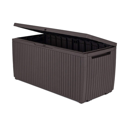 Keter Springwood 80 Gallon Resin Outdoor Storage Box for Patio Furniture Cushions, Pool Toys, and Garden Tools with Handles, Brown