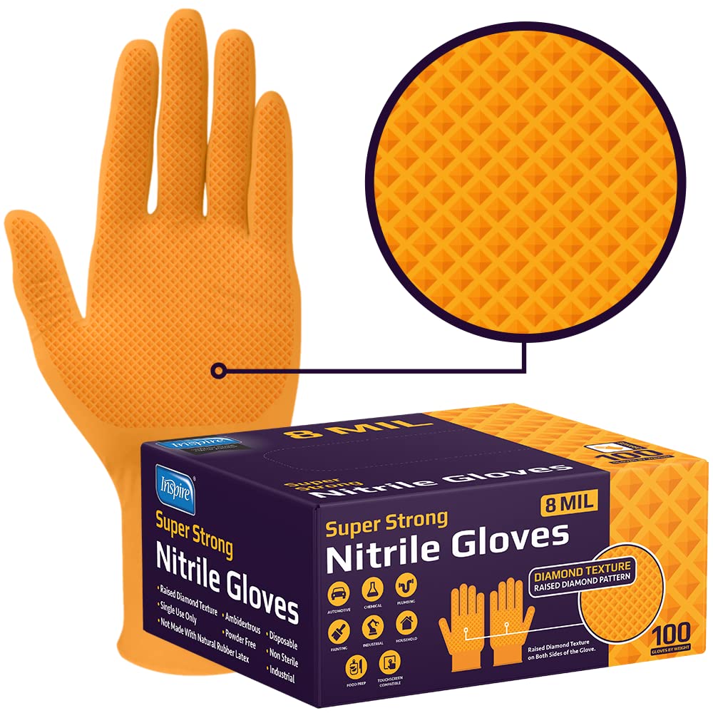 Inspire Heavy Duty Orange Nitrile Gloves Disposable Latex Free | ULTRA 8 Mil Diamond Textured Grip | Industrial Mechanic Food Large, 100 Count
