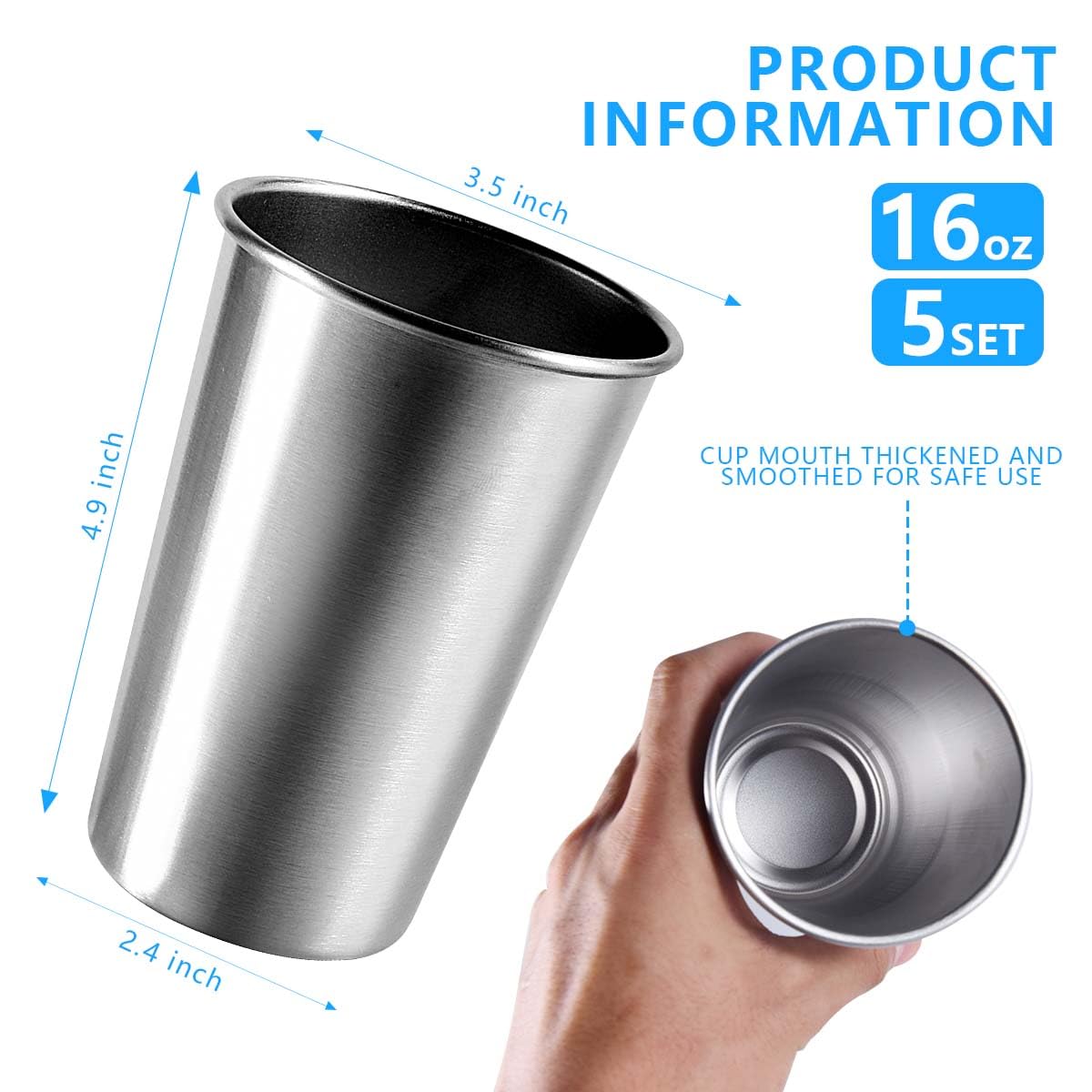 KISEER 5 Pack 16 Ounce Stainless Steel Pint Cups Shatterproof Cup Tumblers Unbreakable Metal Drinking Glasses for Bar, Home, Restaurant