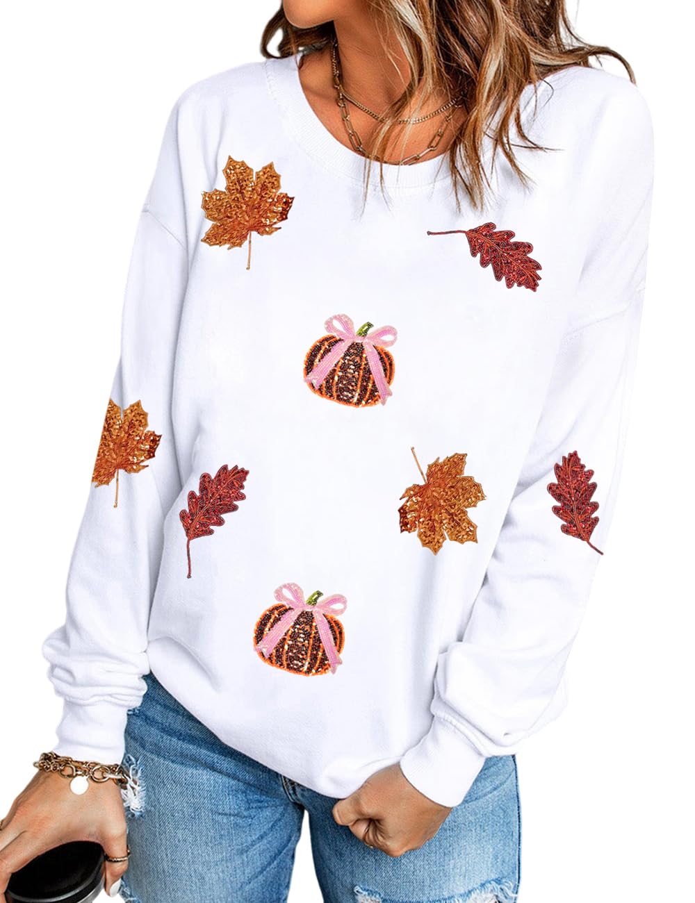 Ecosunny Halloween Sweatshirts for Women Sequin Patched Round Neck Long Sleeve Fall Holiday Casual Pullover Tops White XL