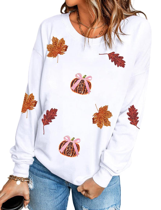 Ecosunny Halloween Sweatshirts for Women Sequin Patched Round Neck Long Sleeve Fall Holiday Casual Pullover Tops White XL