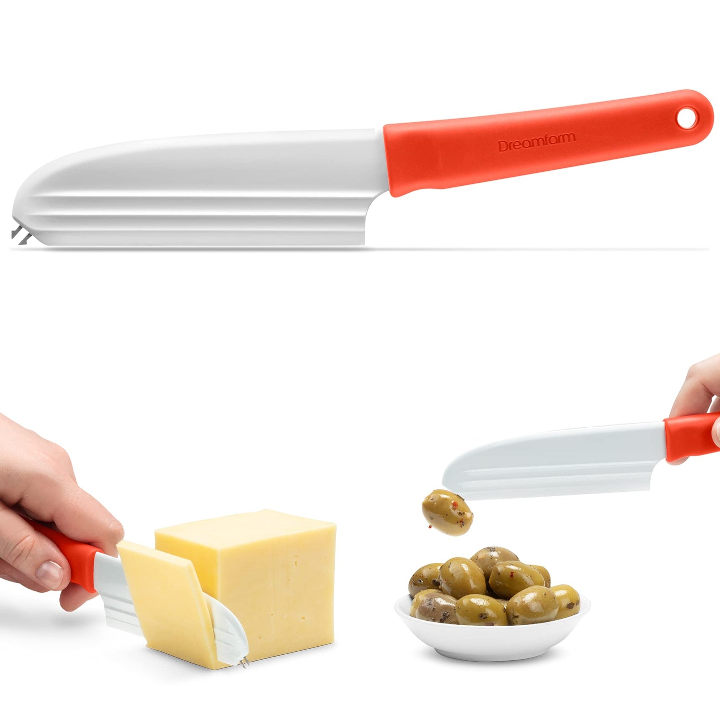 Dreamfarm Knibble Lite 3-In-1 Non-Stick Cheese Knife for Charcuterie, Slicing, Spreading, with Built-In Fork to Serve & Share Foods - 9" Red
