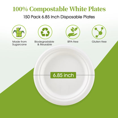 ECOLipak 6.85 Inch Compostable Dessert Paper Plates, 150 Pack Disposable Biodegradable Heavy Duty Eco-friendly Sugarcane Bagasse Halloween Plates for Party