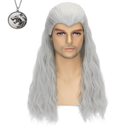 FALAMKA Silver Wig Men'S Long Wavy Cosplay Wig +Wolf Pendant Adult Costume Halloween With Necklace