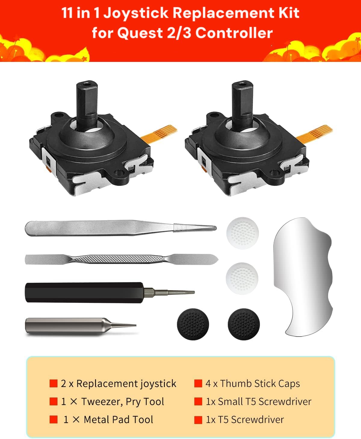 Joystick Replacement Kit for Oculus Quest 2/3 Controller, Repair Kit for Meta Quest 2/3 Controller, Include 2 Joysticks, T5 Screwdriver, Tweezer, Pry Tool, 4 Thumbstick Grips (Black-11-in one)