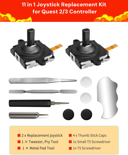 Joystick Replacement Kit for Oculus Quest 2/3 Controller, Repair Kit for Meta Quest 2/3 Controller, Include 2 Joysticks, T5 Screwdriver, Tweezer, Pry Tool, 4 Thumbstick Grips (Black-11-in one)