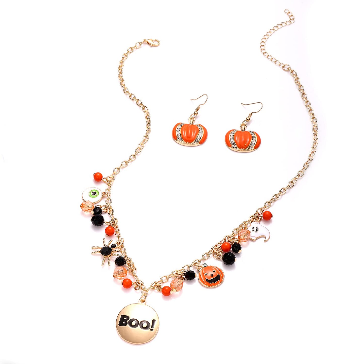 JERTOCLE Halloween Ghost Necklace Crystal Beaded BOO Pumpkin Pendant Choker Necklace with Pumpkin Drop Earrings Jewelry Set (Gold)