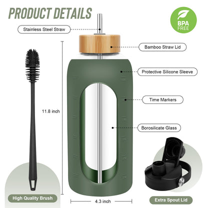 FULBEVY Glass Water Bottles 64 oz - Half Gallon Large Motivational Daily Water Intake Bottle Time Marker - Glass Water Bottle With Straw, Silicone Sleeve 2 Lids, Handle Spout & Bamboo Lid(Olive)