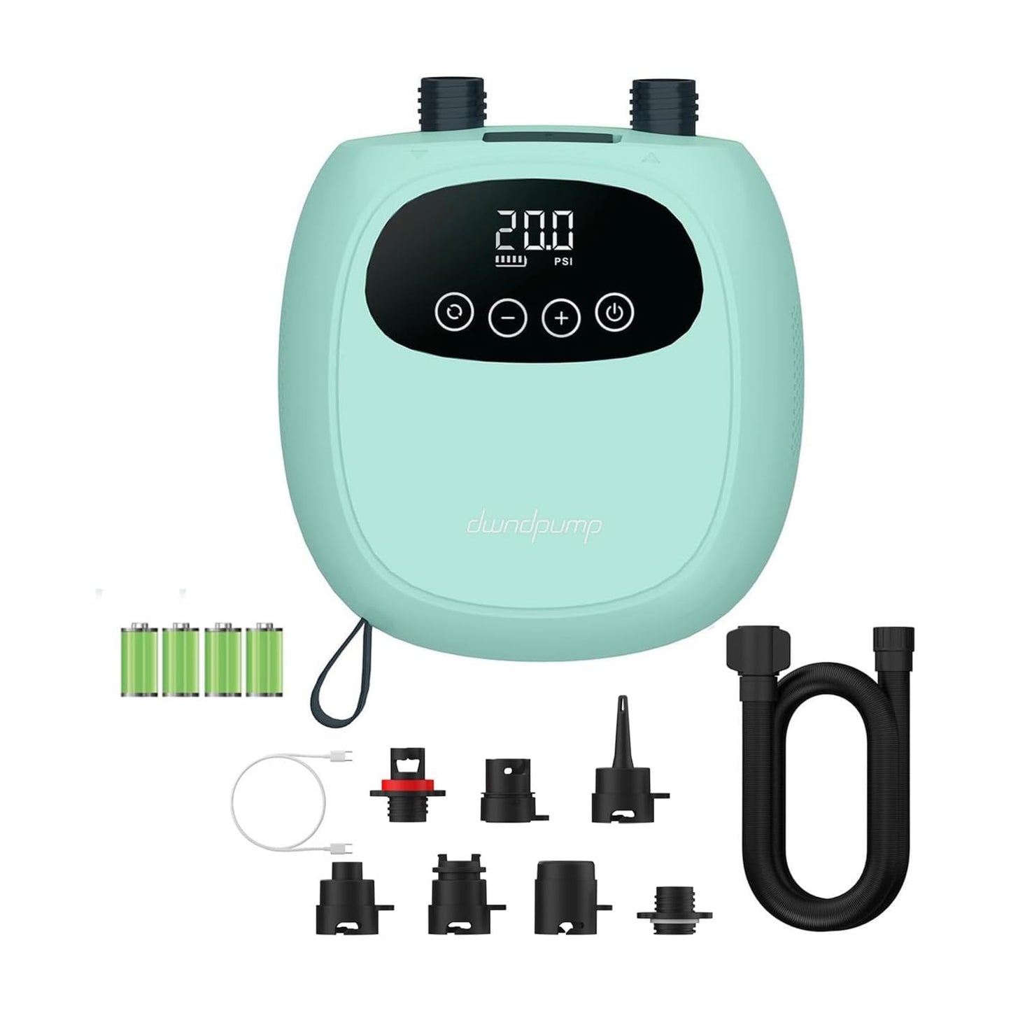 dwndpump Electric Paddle Board Pump, Rechargeable 20 PSI SUP Pump, Dual-Stage Inflation and Deflation Sup Air Pump, Portable Electric Pump for Kayaks, Wind Wings, SUPs (with 7 Valve Adapters)