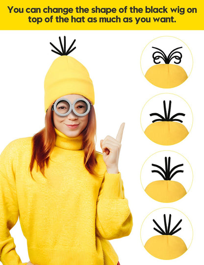 Halloween Costume Adult Accessories,Yellow Beanie Goggles Glasses Gloves for Men Women Cosplay Party Set