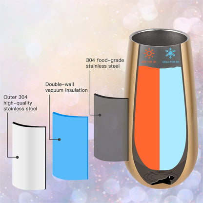 8 Pack Insulated Champagne Tumblers, Stemless Champagne Tumbler 6 Oz, Champagne Flutes Wine Tumbler, Unbreakable Cocktail Cups with Lid, Gift for Family Friends Christmas Birthday Wedding (Gold)