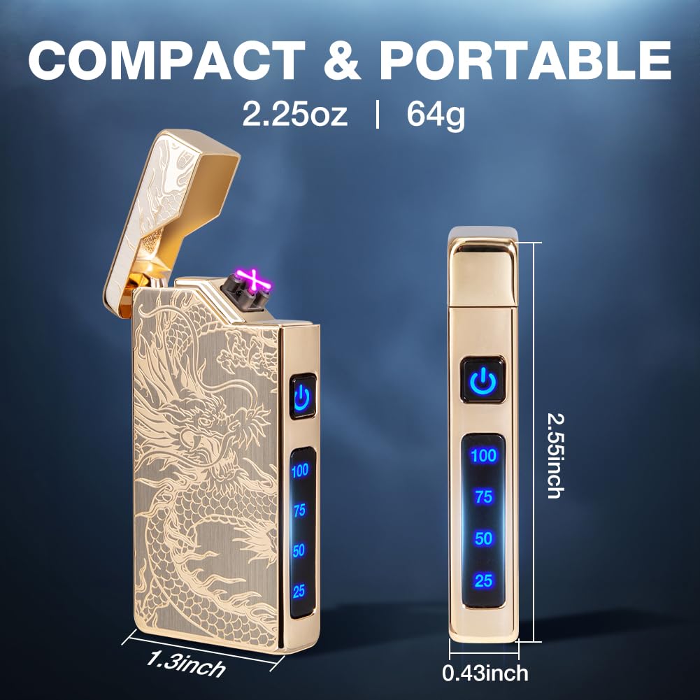 LcFun Electric Lighter USB Rechargeable, Dual Arc Plasma Lighter, Windproof Flameless Lighters, Electronic Lighters with LED Battery Indication Gifts for Men Boyfriend Husband (Dragon Gold)