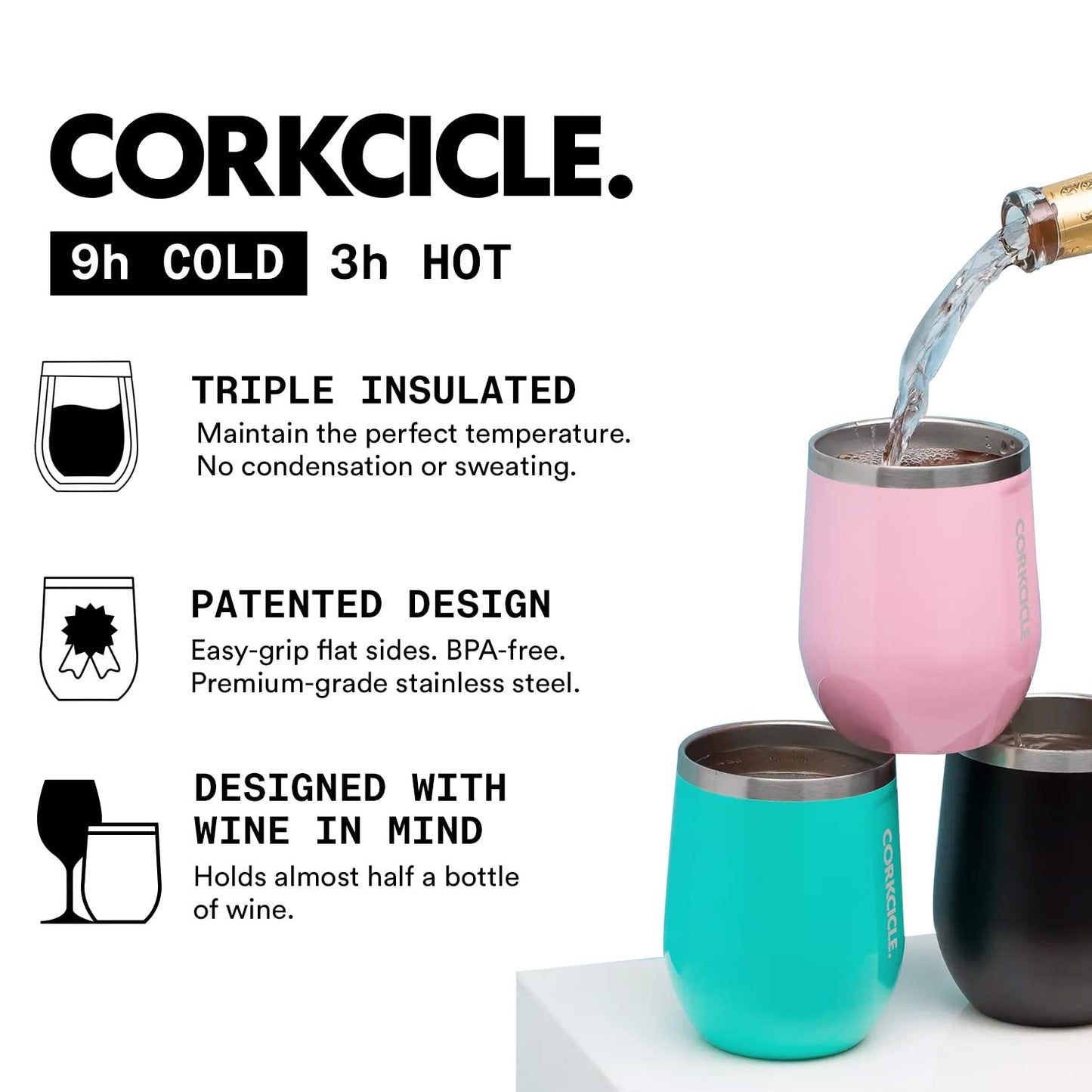 Corkcicle Luxe Collection 12 Oz Triple Insulated Stainless Steel Stemless Travel Cup with Lid & Silicone Bottom for Hot and Cold Drinks, Rose Metallic