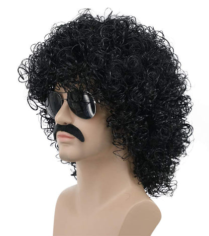 karlery Mens Short Curly Black Rocker Mustache Beard Afro Wig California Halloween Cosplay Wig Anime Costume Party Wig (Black)