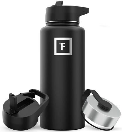 IRON °FLASK Camping & Hiking Hydration Flask with 3 Lids - Stainless Steel, Double Walled & Vacuum Insulated Water Bottle - Leak Proof & BPA Free (Midnight Black, Straw - 32 oz)