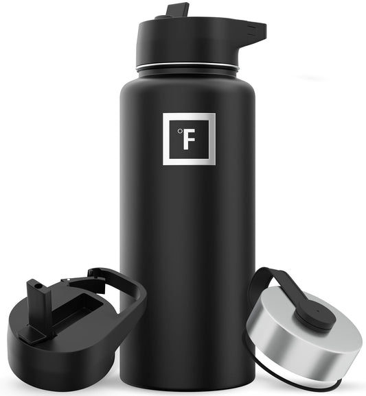 IRON °FLASK Camping & Hiking Hydration Flask with 3 Lids - Stainless Steel, Double Walled & Vacuum Insulated Water Bottle - Leak Proof & BPA Free (Midnight Black, Straw - 32 oz)