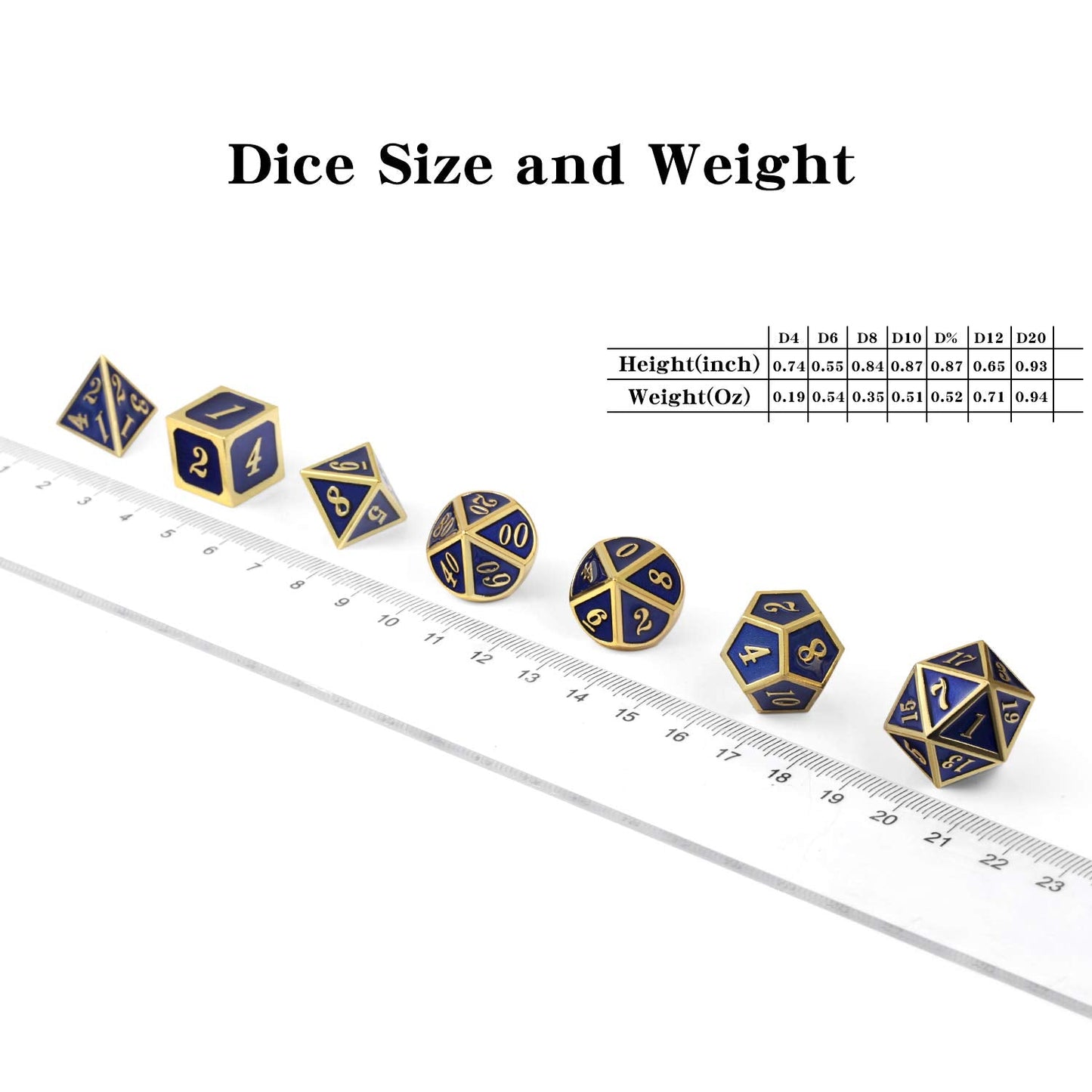 DnDnD Heavy Polyhedral Metal Dice Set with Metal Box, 7-die Shiny Blue Surface with Golden Number for RPG,Dungeons and Dragons,Pathfinder,Shadowrun,D&D,Role Palying Game and Math Teaching