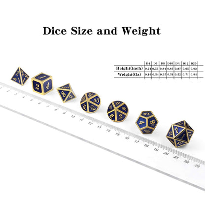 DnDnD Heavy Polyhedral Metal Dice Set with Metal Box, 7-die Shiny Blue Surface with Golden Number for RPG,Dungeons and Dragons,Pathfinder,Shadowrun,D&D,Role Palying Game and Math Teaching