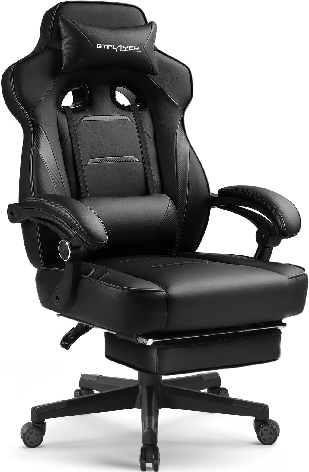 GTPLAYER Gaming Chair with Footrest, Big and Tall Computer Game Chair 350lb Racing Style, Ergonomic High Back Lumbar Support and Recliner, Black
