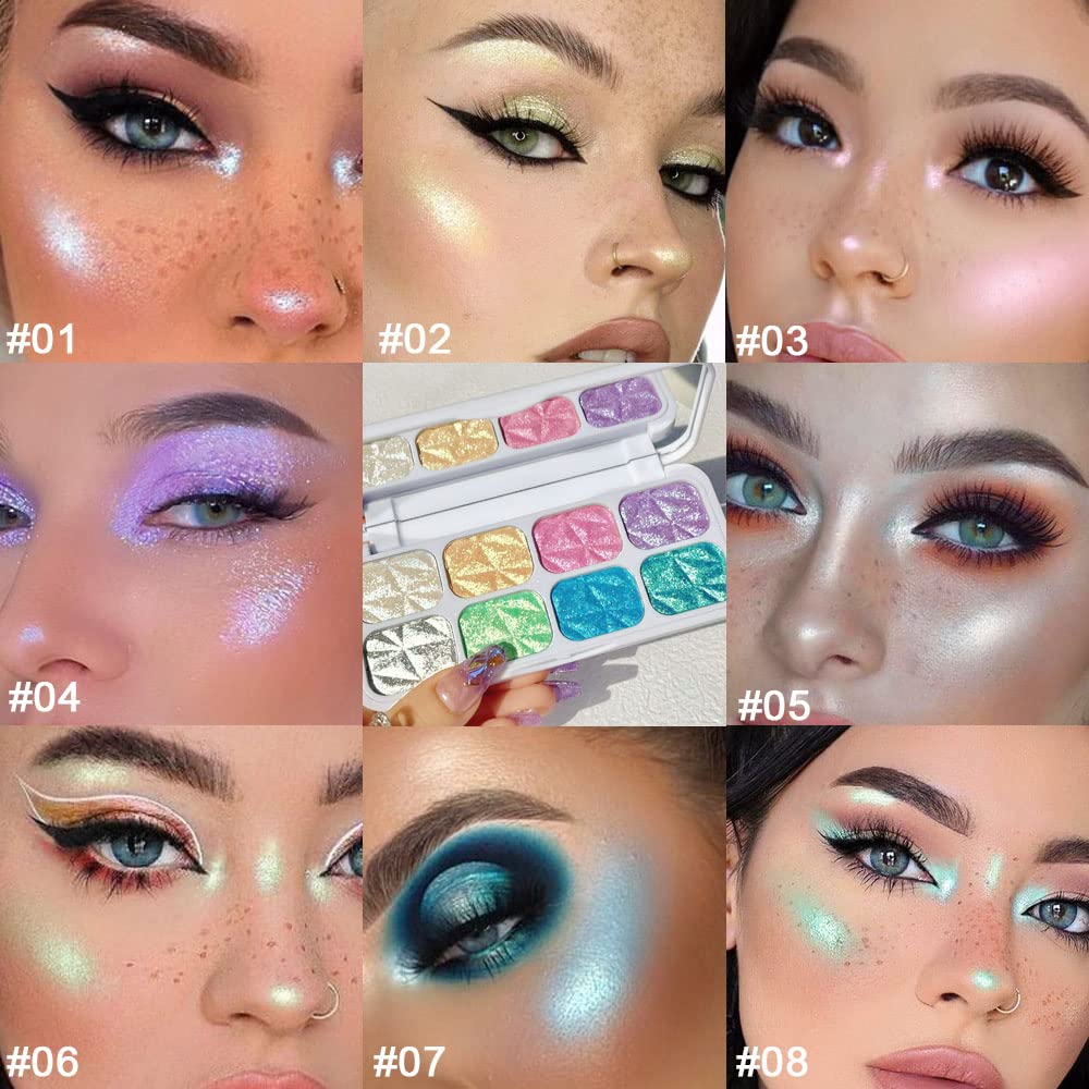 8 Color Face Cheek Highlighter Makeup Palette Shimmer Glitter Iridescent Multichrome Holographic Eyeshadow Palette Purple Rainbow Glitter Highlighter Makeup Highlight and Contour Chrome Eye Make up