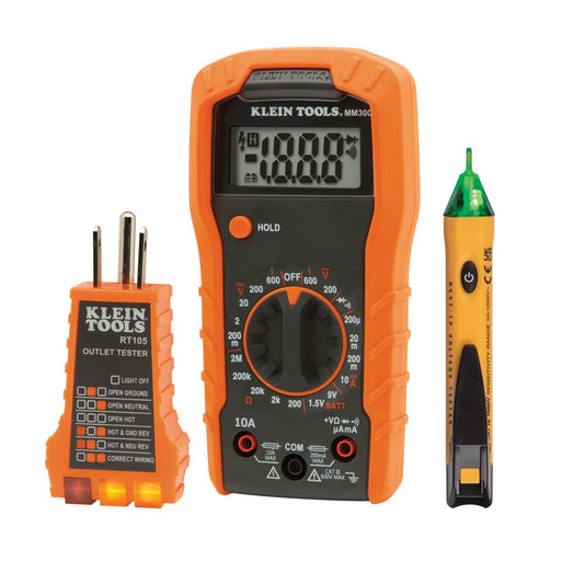 Klein Tools 69149P Electrical Test Kit with Digital Multimeter, Non-Contact Voltage Tester and Electrical Outlet Tester, Leads and Batteries