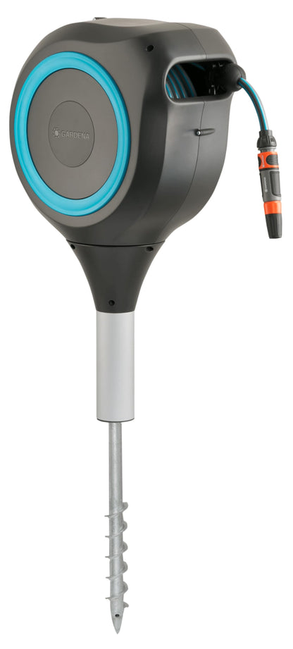 GARDENA 18614-80 | 66' x 1/2" Automatic Retractable Garden Hose Reel on Metal Spike, Outside Garden Hose with 360° swivel Rotation to Reach All Areas of Your Yard. Relocate Hose Reel Easily