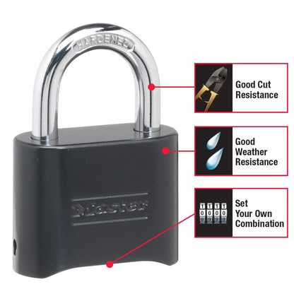 Master Lock Black Combination Padlock, Set Your Own Combo Lock, Weather Resistant Indoor and Outdoor Padlocks with Code for Gym Locker, Gate, Shed, 2 Pack, 178EC2