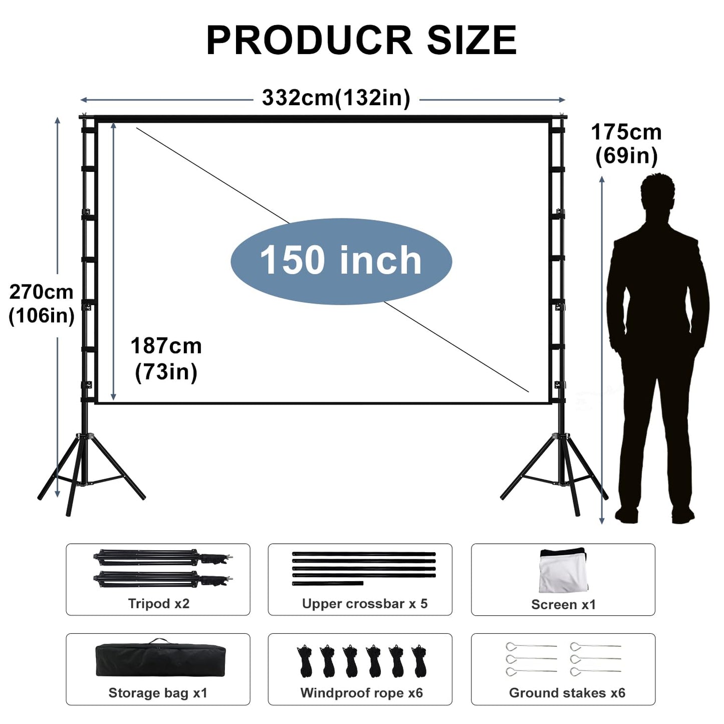 Lejiada 150" Portable Projector Screen with Stand, Foldable & Anti-Crease, HD 4K Movie Screen for Outdoor/Indoor Use, Home Theater, Parties & Business Presentations - Includes Carry Bag