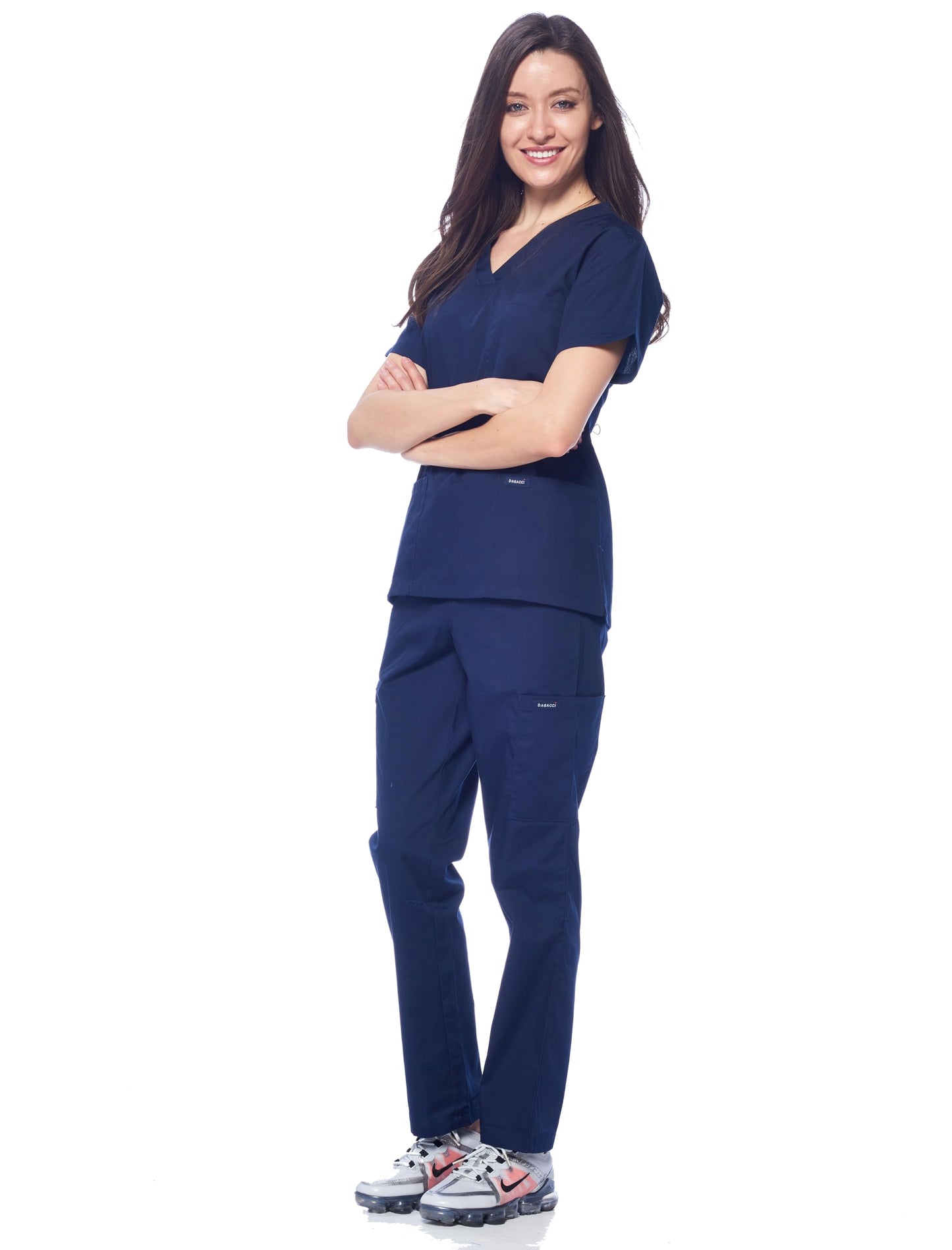 Dagacci Medical Uniform Womens and Mens Scrub Set Unisex Medical Scrub Shirt Top and Pant, Navy, Medium