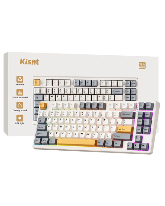Kisnt Wireless Mechanical Keyboard,Gasket Mounted with Creamy Sound,Bluetooth/2.4GHz/USB-C,Custom Hot Swappable,RGB Backlit,75% Compact Layout for Gaming/Typing/Win/Mac/PC (Retro Beige,Linear Switch)