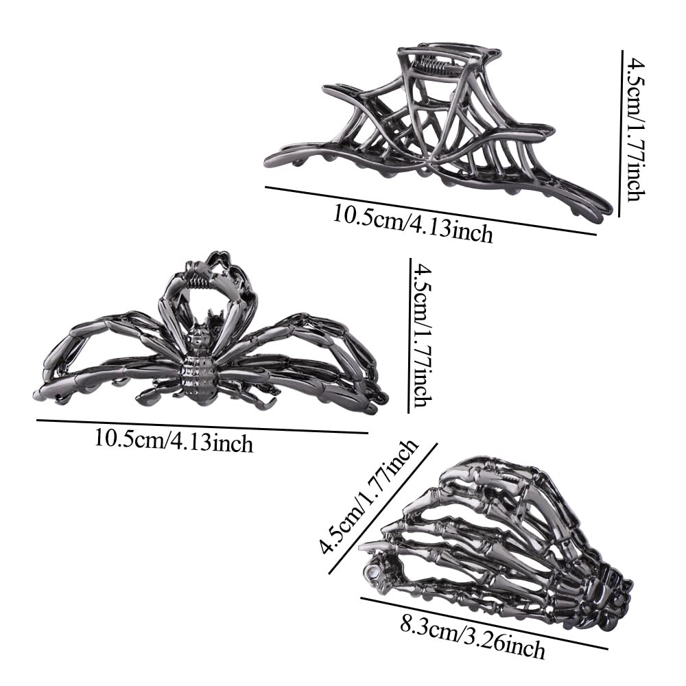 3PCS Black Spider Web Skeleton Hand Skull Hair Claw Clips for Women And Girls, Hiphop Metal Large Medium Size for Thick Thin Hair, Headband Barrette for styling Hair Accessories Party Gift (Black Gun)