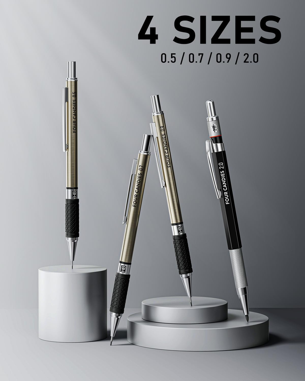 Four Candies 25PCS Art Mechanical Pencil Set with Case, 3PCS Metal Artist Lead Pencil 0.5, 0.7, 0.9 mm & 3PCS 2mm Holder (HB 2H 2B 4B Color) with 432PCS Graphite Lead Refills for Drawing Sketching