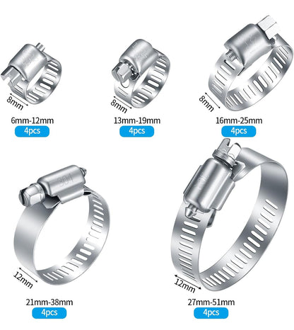20Pcs Adjustable Stainless Steel Hose Clamps Assortment Kit, 1/4-2 in (6-51mm) Worm Gear Pipe, Fuel LineHeavy Duty for Plumbing, Washing Machine, Mechanical，Garden and Automotive Hose Connections