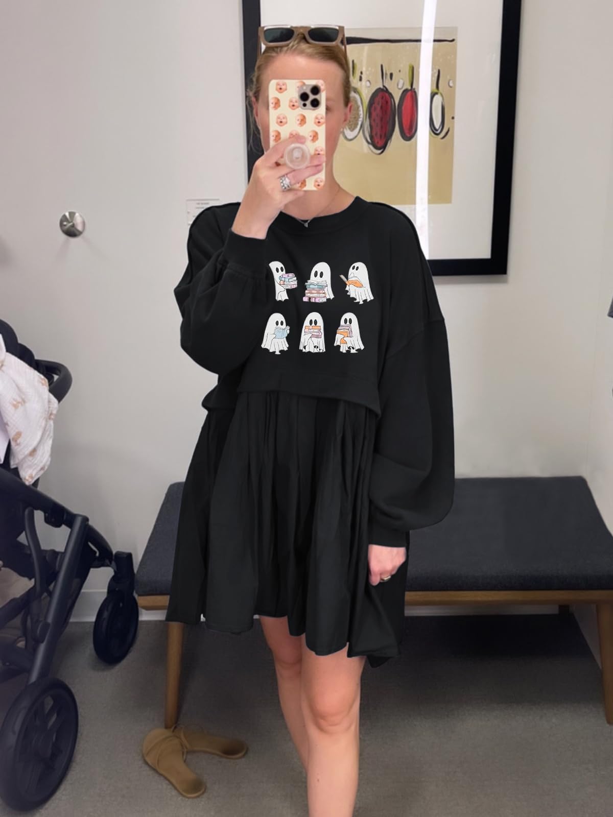 Dokuritu Halloween Sweatshirts for Women Crew Neck Pullover Tops Oversized Sweatshirt Mini Dress