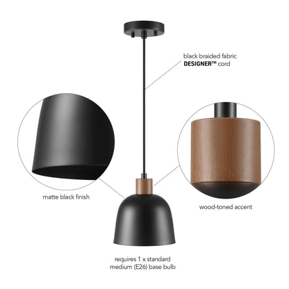 GLOBE Electric 67000193 1-Light Pendant Lighting, Matte Black, Wood-Toned Accent on Socket, 5ft Black Fabric Cord, Home Improvement, Kitchen, Living Room, Hanging Ceiling Light
