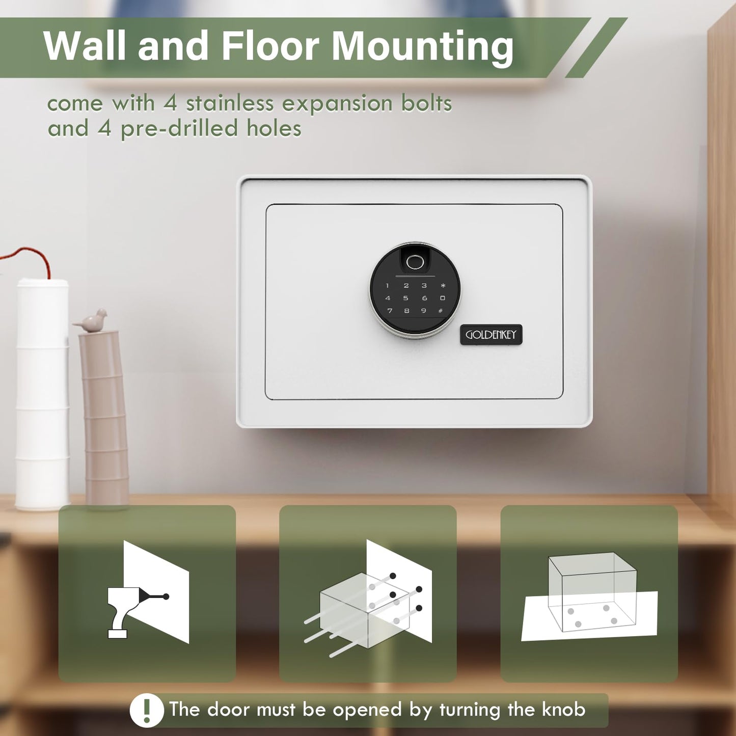 Goldenkey Luxury Jewelry Safe with Fingerprint&Keypad Lock, Document Safe Box with Soft Velvet Lining, Removable Shelf, High Security for Home Office, Hotel, 1.2 Cu.Ft.