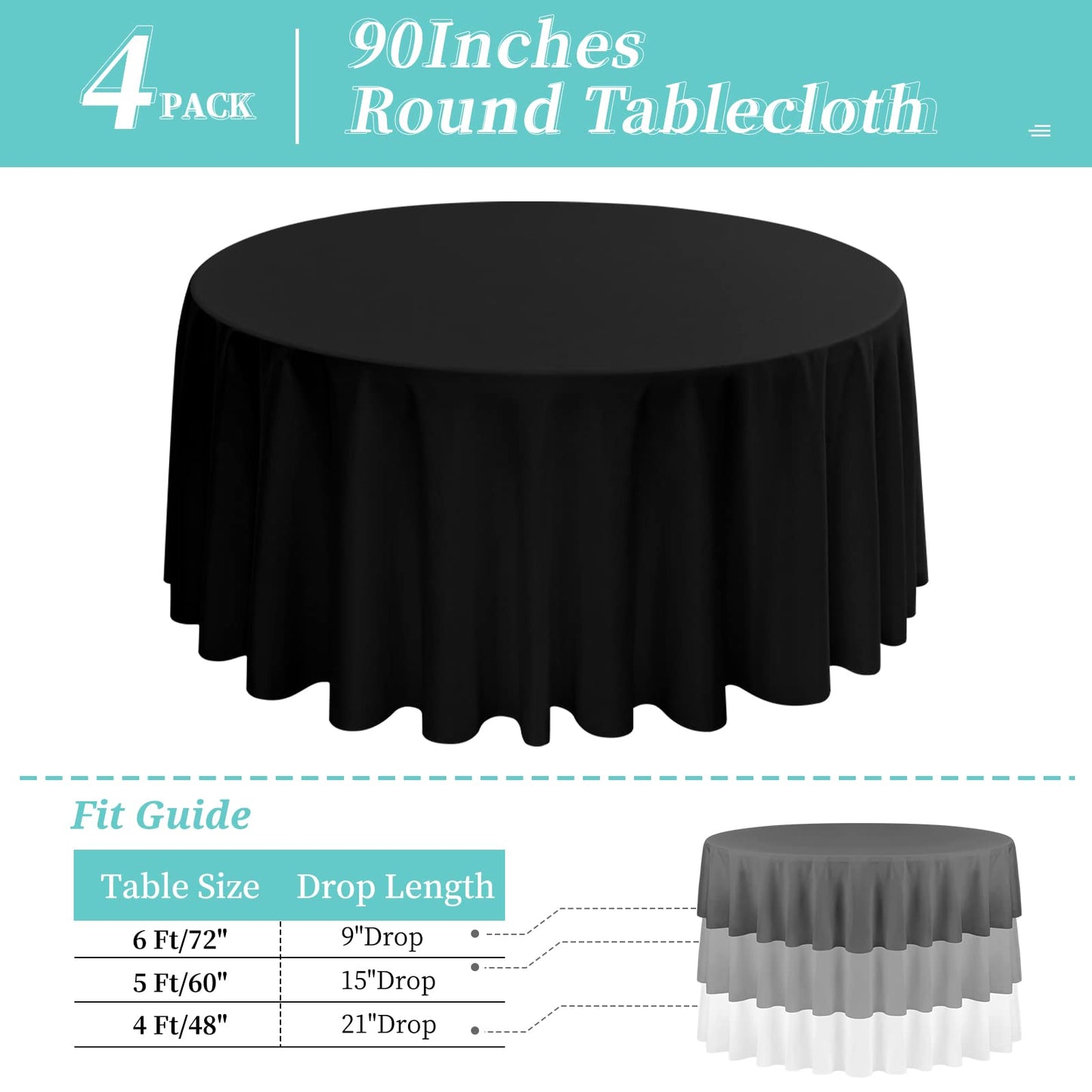 4 Pack Black Round Tablecloth 90 Inch - Circle Polyester Table Cloth for Round Table, Stain and Wrinkle Resistant Washable Fabric Table Cover for Wedding Party Banquet Restaurant Reception Dining