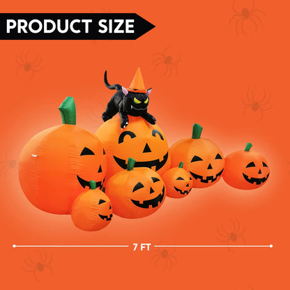 Joiedomi 7 FT Long Halloween Inflatables Pumpkin Outdoor Decorations, 7 Pumpkins Outside Decoration with Witch's Cat with Build-in LEDs Blow Up Inflatables for Party Yard Lawn Garden Decor
