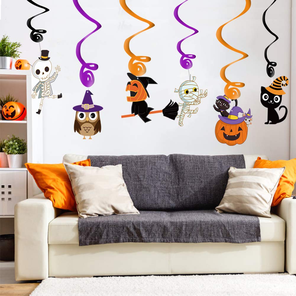 2025 Halloween Banner Party Decoration（Pre-Assembled） Cute Halloween Garland Bunting Banner Triangle Flag with Foil Swirl Ceiling Hanging Cards, Pumpkin Ghost Witches Bat Spider Skull Sticker