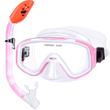 Kids Snorkel Set, Children Anti-Fog Diving Mask Swimming Goggles Full Dry Top Snorkel Equipment Snorkeling Packages Swimming Gear for Youth Boys Girls Age 5-10 (Pink White)
