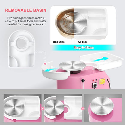 Pottery Wheel Pottery Forming Machine 25CM 350W Electric Pottery Wheel with Foot Pedal DIY Clay Tool Ceramic Machine Work Clay Art Craft (Pink)