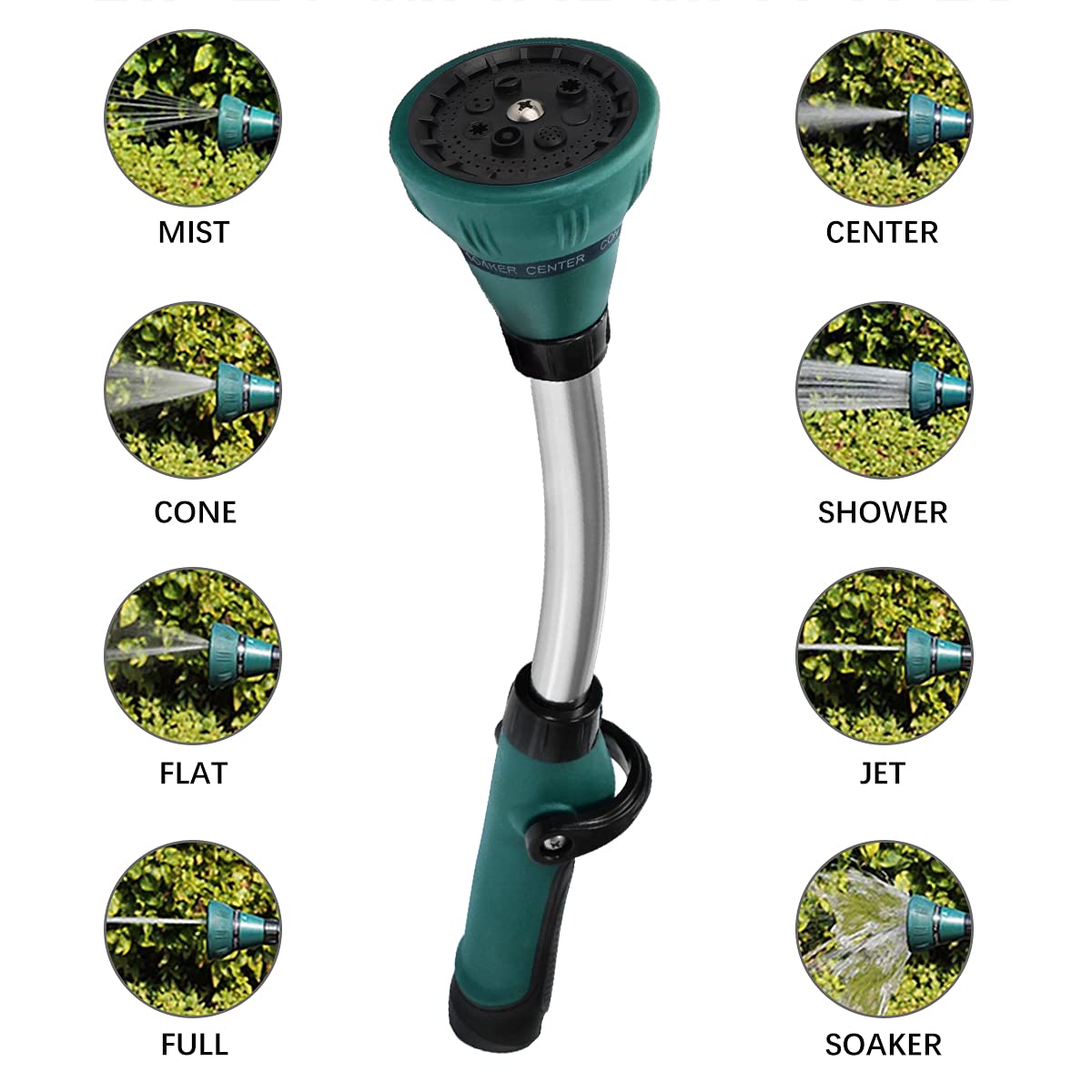 Cytheria Watering Wand,15 in Garden Hose Nozzle Sprayerwith 8 Adjustable Watering Patterns Rain Wand and Thumb Control Shut Off Valve for Car Washing,Watering Seedling Beds,Flowers,Lawn (Green)