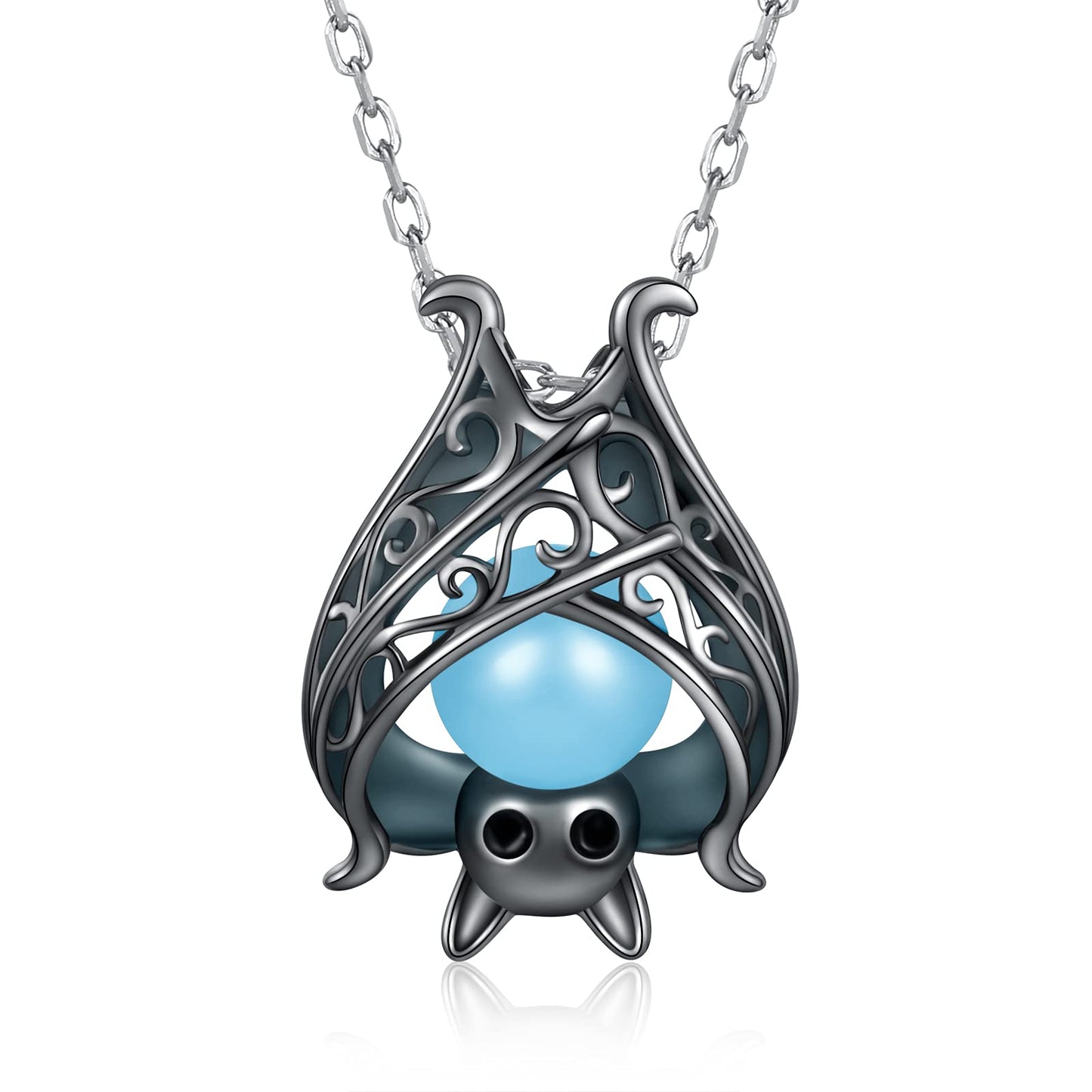 Cute Bat Necklace Sterling Silver Glowing in The Dark Animal Pendant Little Witchy Halloween Jewelry Gift for Women(Black)