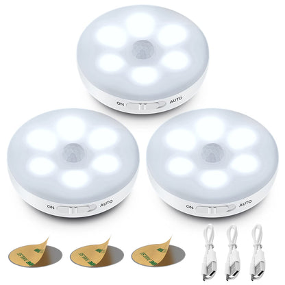 ICEKO Night Light with Motion Sensor, Lamp with Motion Sensor Indoor, USB Battery Rechargeable, 6 LED Motion Sensor for Cabinet, Hallway, Bedroom, Children's Room (White, 3 Pieces)